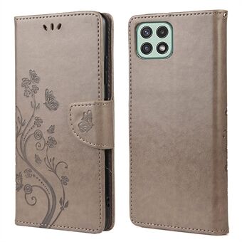 Påtrykt Butterfly PU Læder Flip Wallet Case Cover Stand med håndledsrem til Samsung Galaxy A22 5G (EU-version)