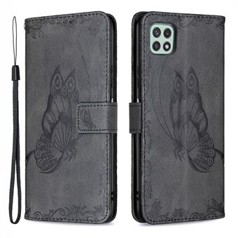 Imprint Butterfly Flower Wallet Lædertelefoncover med Stand til Samsung Galaxy A22 5G (EU-version)