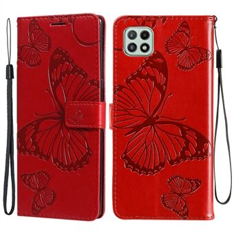 KT Imprinting Flower Series-2 Læder Wallet Stand -etui med sommerfuglemønsterprægning til Samsung Galaxy A22 5G (EU-version)