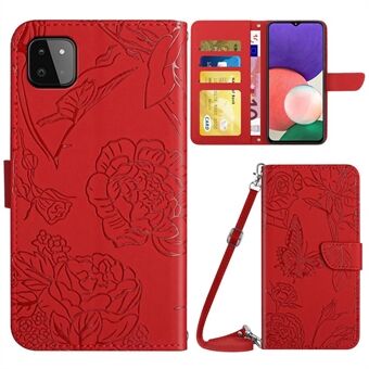 Imprinting Butterfly Flower Phone Case til Samsung Galaxy A22 5G (EU-version), skulderrem Design Skin-touch PU læder tegnebogsstativ Anti- Stand