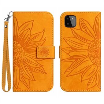 Til Samsung Galaxy A22 5G (EU-version) HT04 Skin-Touch Sunflower-påtrykt telefoncover Pung Stand anti-drop telefonholder med håndstrop