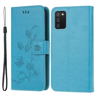 Imprint Flower Butterfly Pattern Læder Wallet Stand Case Cover med snor til Samsung Galaxy A03s (166,5 x 75,98 x 9,14 mm)