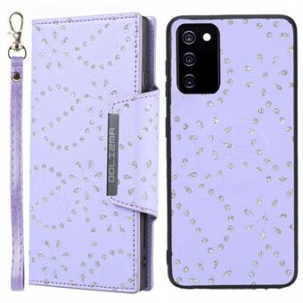 Glitter Flower Leaf Imprinted PU-læder Aftageligt anti-drop telefoncover Shell Wallet Case til Samsung Galaxy A03s (166,5 x 75,98 x 9,14 mm)