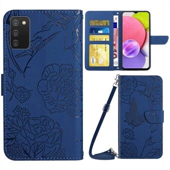 Telefonetaske til Samsung Galaxy A03s (166,5 x 75,98 x 9,14 mm), PU-læderaftrykning af sommerfugl og blomster, pungstil, justerbar stander, skaltouch-kabinet med skulderrem.