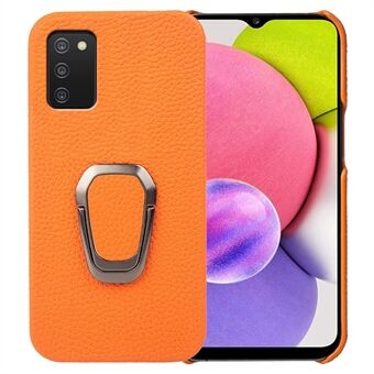 For Samsung Galaxy A03s (166.5 x 75.98 x 9.14mm) Litchi Texture Ring Kickstand Phone Cover Genuine Leather Coated PC Protective Case