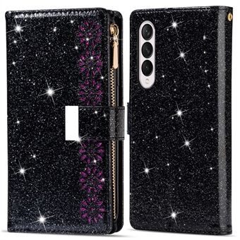 Glitrende Starry Style Laser Carving Magnetisk lukning Lynlås Pung Stand Beskyttende Læder Telefon Taske til Samsung Galaxy Z Fold3 5G
