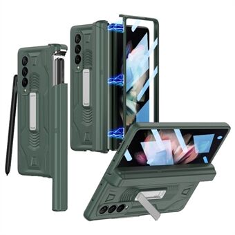 GKK Hard PC Kickstand telefontaske til Samsung Galaxy Z Fold3 5G, Slide Pen Slot Magnetisk Absorptionscover med hærdet glasfilm