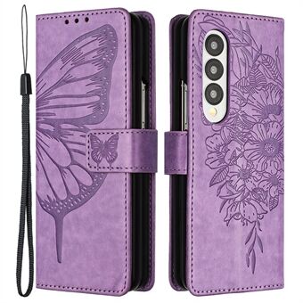 YB Imprinting Series-4 til Samsung Galaxy Z Fold3 5G PU Læder Flip Beskyttende telefontaske Butterfly Flower præget Stand Folio Cover med rem