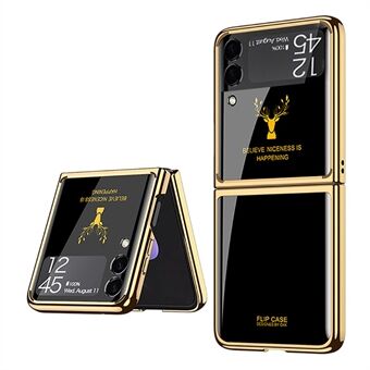 GKK Elk Mønstertryk Galvanisering Ridsefast letvægts hærdet glas + PC Hybrid Phone Case Shell til Samsung Galaxy Z Flip3 5G