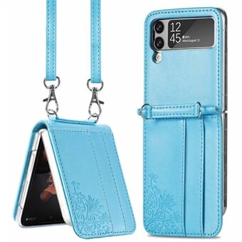 Til Samsung Galaxy Z Flip3 5G Flower Imprinted PU-læder + PC Foldetelefonetui med kortpladser/skulderrem