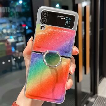 Til Samsung Galaxy Z Flip3 5G Rainbow Gradient Farve Glitrende Glitter Telefon Taske Finger Ring Holder PU Læder Coated PC Cover