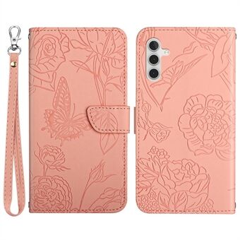 Butterfly Flower Imprinted Phone Cover til Samsung Galaxy A13 5G / A04s 4G (164,7 x 76,7 x 9,1 mm), Skin-touch PU Læder Pung Cover Flip Stand Case med håndstrop
