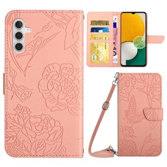 Imprinting Butterfly Flower Phone Case til Samsung Galaxy A13 5G / A04s 4G (164,7 x 76,7 x 9,1 mm), skulderrem Design Anti-ridse PU-læder Stand Skin-touch Cover