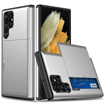 Slide Card Holder Anti-drop Velbeskyttet Glat PC + TPU Hybrid Phone Case til Samsung Galaxy S22 Ultra 5G