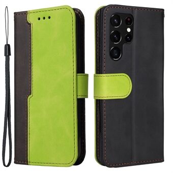 Business Style splejsning Dobbeltfarvet fuld beskyttelse tegnebog Design telefonetui med Stand til Samsung Galaxy S22 Ultra 5G - Grøn