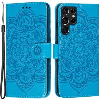 Imprinting Mandala Flower Horisontal Flip PU Læder Taske Stand Pung Telefon Cover med rem til Samsung Galaxy S22 Ultra 5G