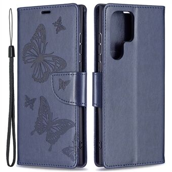 Flip Folio-cover i PU-læder Butterfly-præget Stand Stødsikkert beskyttelsescover med rem til Samsung Galaxy S22 Ultra 5G