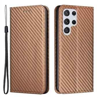 Magnetisk autoabsorberet Carbon Fiber Texture Stand Wallet Læder Telefontaske med håndledsrem til Samsung Galaxy S22 Ultra 5G