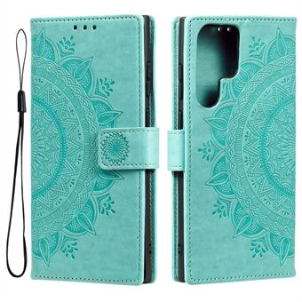 Magnetisk lås prægning Mandala Flower Læder Shell Telefon Wallet Stand Case med rem til Samsung Galaxy S22 Ultra 5G