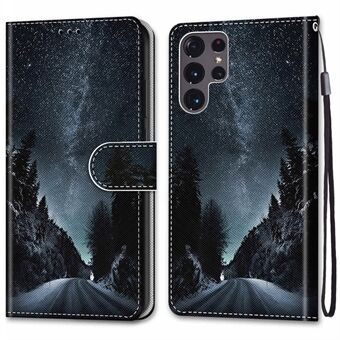 Læder mobiltelefon taske med praktisk rem tegnebog Stand farve mønster print telefon cover 2022 til Samsung Galaxy S22 Ultra 5G