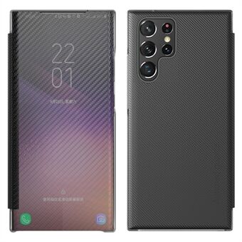 Carbon Fiber Texture Phone Case Gennemsigtig telefonbeskytter med støttefunktion til meddelelsesvisning til Samsung Galaxy S22 Ultra 5G