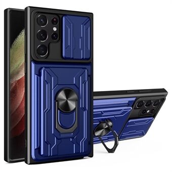 Til Samsung Galaxy S22 Ultra 5G Kortholder Slot Ring Kickstand Design Slide Camera Cover PC + TPU Hybrid Case