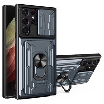 Til Samsung Galaxy S22 Ultra 5G Kortholder Slot Ring Kickstand Design Slide Camera Cover PC + TPU Hybrid Case