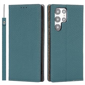 Fuld beskyttelse Litchi Texture Ægte læder Cover Stand Shockproof Flip Wallet Case med rem til Samsung Galaxy S22 Ultra 5G