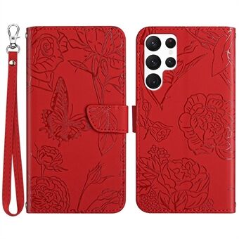 Til Samsung Galaxy S22 Ultra 5G Imprinting Butterfly Flower Justerbar Stand Telefon Case Skin-touch tegnebog PU lædercover med håndstrop