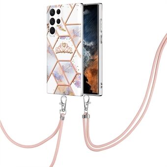 YB IMD Series-4 til Samsung Galaxy S22 Ultra 5G marmorblomstermønster IMD IML TPU-cover Elektroplettering telefoncover med snor
