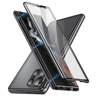 Til Samsung Galaxy S22 Ultra 5G telefontaske Dobbeltsidet hærdet glas + magnetisk metalrammecover med låsespænde