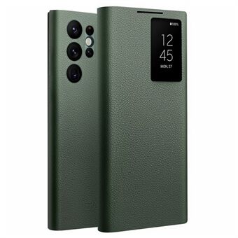 QIALINO til Samsung Galaxy S22 Ultra 5G Udsigtsvindue Mobiltelefon taske Smart Auto Wake Up / Sleep Ægte okselæder Telefon Flip Cover - Grøn