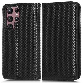 Til Samsung Galaxy S22 Ultra 5G Fuld beskyttelse PU læder telefontaske Grid Texture Magnetisk Autoabsorberet telefoncover med pung