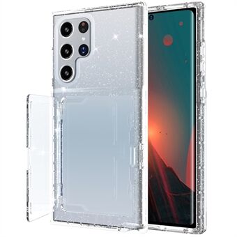 Til Samsung Galaxy S22 Ultra 5G Cardcase Series Glitter Shockproof Cover Kickstand fortykket PC + TPU telefonetui med kortholder / spejl - gennemsigtig
