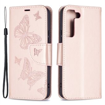 Butterfly-præget PU-læder Magnetic Flip Case Stand Stødsikkert cover med rem til Samsung Galaxy S22 5G
