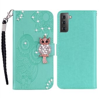 Owl Flower Imprinted Design PU Læder Wallet Stand Flip Case med Rhinestone Decor og rem til Samsung Galaxy S22 5G