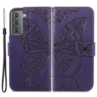 Moderigtigt præget sommerfugleblomst Ridsefast PU-læder + TPU stødsikkert telefontaske Flip Stand Cover med rem til Samsung Galaxy S22 5G