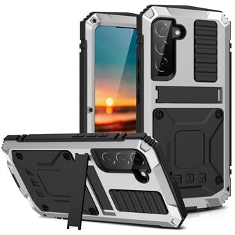 R-JUST Metal+Silicone+PC Anti-fald Støvtæt Kickstand Case med indbygget hærdet glas linsebeskytter og skærmbeskytter til Samsung Galaxy S22 5G