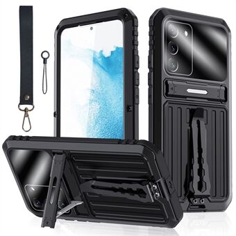 Til Samsung Galaxy S22 5G Anti-Fall Anti-støv Vandtæt beskyttende telefontaske TPU+metalcover skal med støtteben og hærdet glasfilm