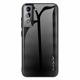Til Samsung Galaxy S22 5G Carbon Fiber Phone Case Hærdet glas PC Bagside + TPU Bumper Hybrid Cover
