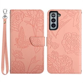Imprinting Butterfly Flower Phone Case til Samsung Galaxy S22 5G, Skin-touch Stand PU-lædercover med håndstrop