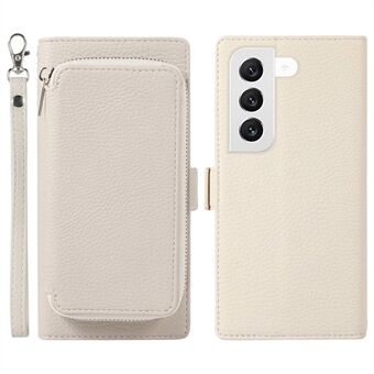 Til Samsung Galaxy S22 5G Aftagelig magnetisk lynlås-korttaske 2-i-1 Litchi Texture PU-læder Shell Flip Stand Pung-etui med rem