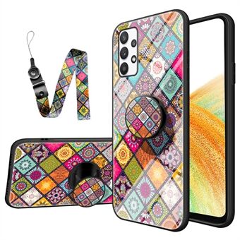 Til Samsung Galaxy A33 5G Stilfuldt mønster Kickstand hærdet glas + PC + TPU stødsikkert telefoncover cover med snor