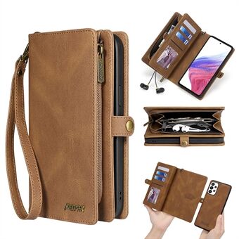 MEGSHI 017-serien til Samsung Galaxy A33 5G aftageligt magnetcover Lynlås tegnebog PU læder flip taske med håndledsrem