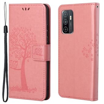 PU læder ugletræ præget tegnebog Flip Case Stand Magnetisk lukning Folio Cover med rem til Samsung Galaxy A53 5G