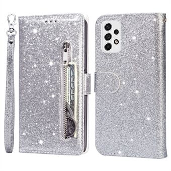 Til Samsung Galaxy A53 5G Glitter Pailletter PU Læder + TPU Fuld beskyttelse Stand Wallet Case med lynlåslomme og håndstrop