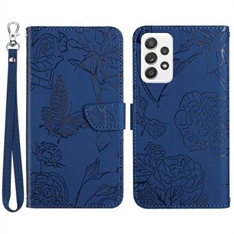 Butterfly Flower Imprinted Phone Cover til Samsung Galaxy A53 5G, tegnebogsfunktion Skin-touch PU Stand skal med håndstrop