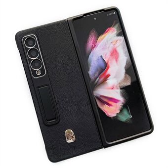 Til Samsung Galaxy Z Fold4 5G Litchi Texture Phone Case Kickstand ægte læderbelagt pc-cover