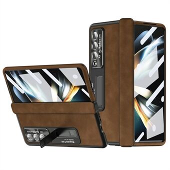 Til Samsung Galaxy Z Fold4 5G Magnetisk Hængsel Kickstand Telefon Case Nappa Texture PU Læder Coated PC Anti-Drop Cover med hærdet glas skærmfilm