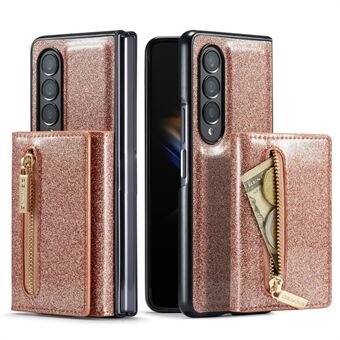 DG.MING M3-serien til Samsung Galaxy Z Fold4 5G 2-i-1 glitrende PU-læderbelagt PC+TPU-bagcover Magnetisk aftagelig lynlås tegnebog stødsikkert telefoncover med støtteben